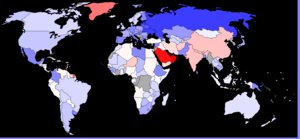 biru menunjukkan negara dengan jumlah wanita lebih banyak, merah adalah negara dengan jumlah pria lebih banyak